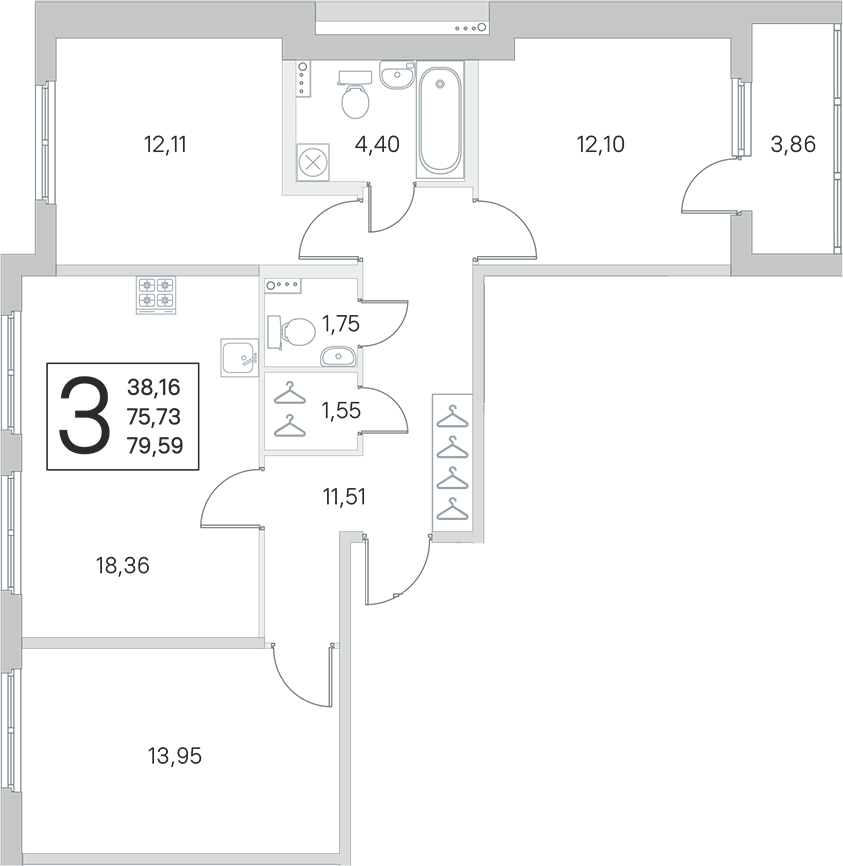 3-комнатная квартира 75.73 м², 1/4 эт., ЖК «Любоград в Стрельне»